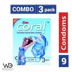 Coral - 3 in 1 Lubricated Natural Latex Condom - Combo Pack - 3 Packs - 3x3=9pcs