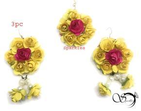 Non Bridal Artificial Flower Earrings & Tikli Set For Girls & Women-3pc