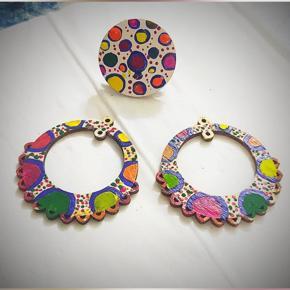 HAND PAINT EAR RING WITH RING-WOODEN BASE JEWELLERY