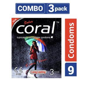 Coral - Long Lasting Extra Time Lubricated Natural Latex Condom - Combo Pack - 3 Packs - 3x3=9pcs