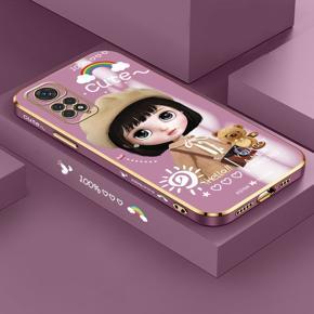 Hontinga for Redmi Note 11/Note 11S Back Cover Luxury 6D Plating Cartoon Satchel Girl Side Pattern Case Soft Silicone Square Phone Cases