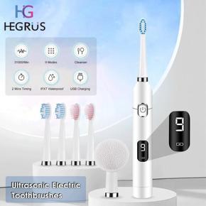 HEGRUS Ultrasonic Electric Toothbrushes IPX7 Waterproof Toothbrush Electric Toothbrush Set 9-gear Tooth Cleaning Mode Household Toothbrush Personal Dental Care with 5 Replacement Brush Heads