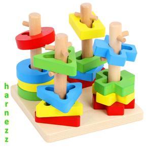 Wooden Four Column Set Blocks Geometry Puzzles Educational Toys for Kids - Multicolors