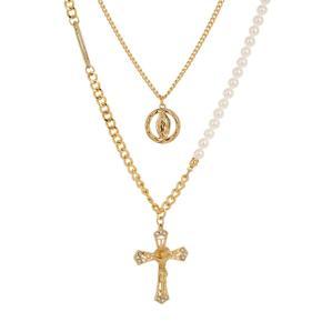 Cross Portrait Pendant Double Layered Necklace Stitched pearl necklace for women