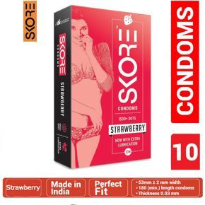 Skore - Strawberry Flavored 1500+ Dots Condoms With Extra Lubrication - Large Single Pack - 10x1=10pcs Condoms