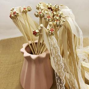 Fairy Stick, Ribbon Wedding Wands Garland With Beautiful Bell Twirling Streamers, Lawn Party Decoration Supplies Layout Props color:Beige
