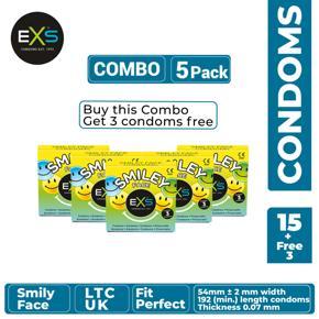 EXS - Smily Face Dotted  Condom - Combo of 5 Packs - 3x5=15pcs + 3pcs Free (Made in UK)
