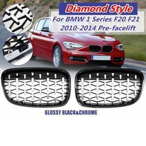 BRADOO Pair Front Kidney Diamond Meteor Style Grille Grills for -BMW 1 Series F20 F21 2010-2014 Racing Grills Chrome+Black