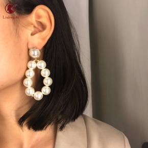 New Korean Fashion Long Big Hollow Oval Pearl Dangle Earrings Women Ladies