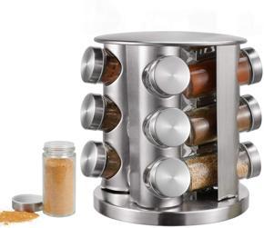 Spice Rack 12 Jars Revolving Counter top, Spice Carousel, Spice Tower Organizer Stand Holder All Stainless Steel for Kitchen