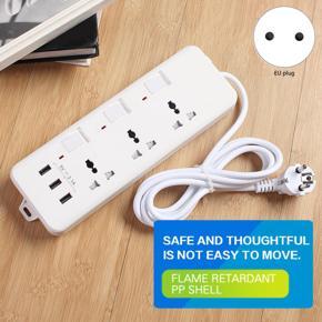 Strip with 3 Outlets and 3 USB Charging Ports 6.6 Ft Long Extension Cord for Smartphone Tablets Office EU Plug