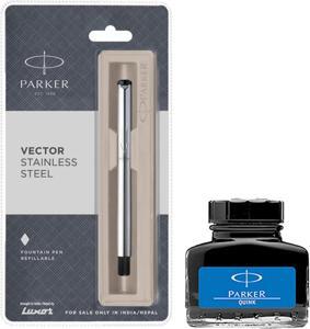 PARKER Vector Stainless Steel CT Fountain Pen with Blue Quink Ink Bottle  (Pack of 2)