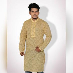 Light Yellow Cotton Semi Long Panjabi for Men