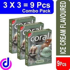 Coral- 3 Ice Cream Condom-Vanila+Chocolate+Mint Flavoured 3x3=9pcs-Combo Pack