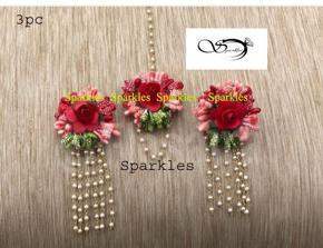 Artificial flower Earrings with pearl chain 3 pc