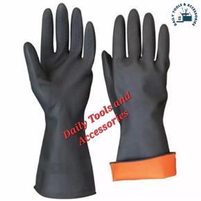 Rubber Hand Gloves Black And Orange Latex use for Resist Oil, Acids, Chemical, Gardening, Kitchen Works. pack of 1 pair.