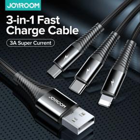 JOYROOM S-1230G4 3A 3 In 1 USB to 8 Pin + Micro USB + Type-C / USB-C Fast Charging Data Cable Length: 1.2m - BLACK - Cable Protector