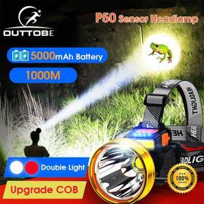 Outtobe Upgrade Headlamp LED Sensor Headlamp T6 Headlight USB Rechargeable Flas hlight Built-in 2 18650 B attery Torch Camping Night Fishing