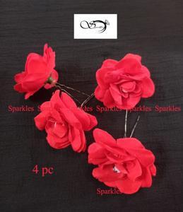 Artificial Flower Hair Pin ,Hair Accessories, Bobby Pins , Khopar Kata- 4 pcs set Red Color