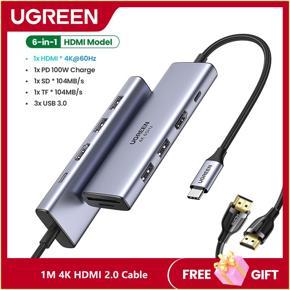 UGREEN USB C Hub 4K 60Hz, 6 in 1 Type C Dongle Adapter with 4K HDMI USB3.0 SD/TF Card Reader 100W PD Compatible for MacBook Pro Air HP XPS Yoga Chromebook Surface Go and More