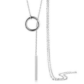 Metal Bar Circle Pendant Necklace Simple Long Chain Jewelry For Women - Silver