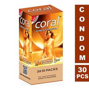 Coral Condom 3 Fruit flavour Lubricated Natural - 30Pcs Full Box(New)