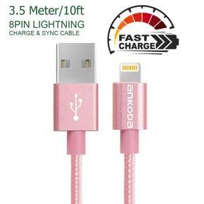 Ankoda Lightning Cable foriPhone Fast Charging Cable Branded Data Cable Nylon Cable, 3.5M/10ft I Pink
