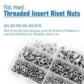 XHHDQES 400Pcs Stainless Steel Rivet Nuts Flat Head Threaded Insert Nutsert Rivetnut Assortment Kit M3/M4/M5/M6/M8/M10