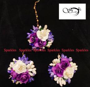 Artificial Flower Non-Bridal Earrings Tikli Set - 3pc Purple & White Color