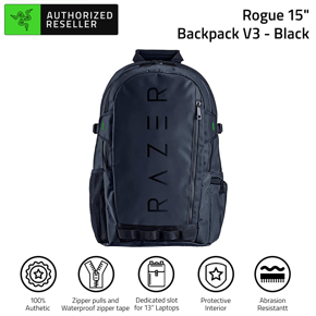 RAZER Rogue 15" Backpack V3 Compact Travel Backpack with 15" Laptop Compartment Water Resistant Anti-Wrinkle Polyester Exterior Bag