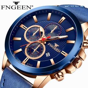 FNGEEN New Men's Cross-Border Watch Business Leather-Belt Watch Calendar Men's Watch Blue Six-Pin Quartz Watch
