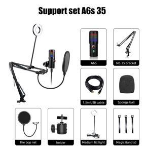 Condenser Microphone A6S  Set USB Cardioid-directional Microphone 192KHZ/24Bit RGB Gaming Mic with Stand , fill Light for Mobile Phone PC Computer Youtube Live Game Chat - Black