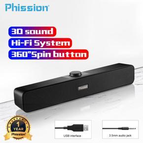 Phission Soundbar Stereo Speaker Aux Wired 3.5mm with Subwoofer Powerful Computer Speaker Bass Surround Sound Box Wired Usb Speaker for Pc Laptop Phone