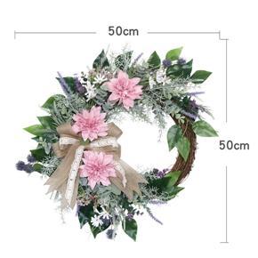 Summer Door Wreath, Artificial Spring Green Leaves Wreaths Pink Dahlia & Lavender for Farmhouse Wedding Party Wall Decor