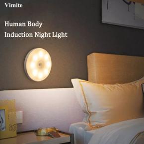 Vimite 8 Led Night Light Round Motion Sensor Cabinet Light USB Rechargeable Battery Magnetic Smart Sleeping Overnight Bedside Lamp Wall Lamp for Room Bedroom Closet Corridor Wardrobe