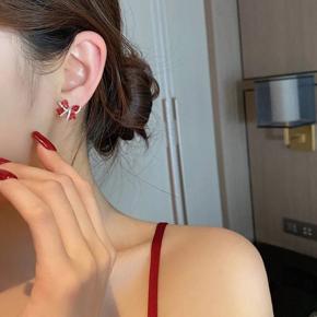 Red Stone Bow Stud Earrings For Woman