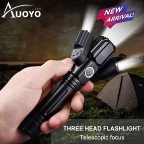 Auoyo 3 Head Flashlight Zoomable Flashlight Rechargeable Super Bright LED Flashlight Long Range Outdoor Portable Tactics Torch