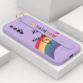 Hontinga for OPPO Reno3 Pro 5G Wrist Strap Case Lovely Graffiti Rainbow Smile Thin Phone Cover Square Edge Liquid Silicone Creativity Phone Case