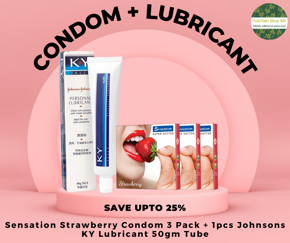 Condom & Lubricant Combo Pack - 3 Pack Sensation Strawberry Flavor Condom + J&J's K Y Jelly Personal Lubricant 50g Tube