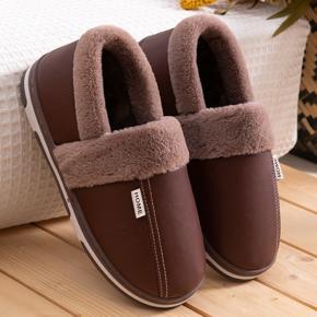 Men Shoes PU Leather Slippers Men's Indoor Home Warm Shoes Waterproof Non-Slip Cotton-Padded Solid Color Slipper Shoes