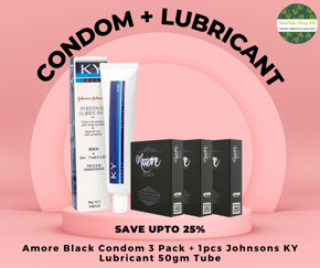 Condom & Lubricant Combo Pack - 3 Pack Amore Black Condom + J&J's K Y Jelly Personal Lubricant 50g Tube
