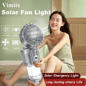 Vimite Led Solar Light with Electric Fan Indoor House Outdoor Emergency Lights Hanging Solar Rechargeable Camping Tent Lantern Lamp Super Bright Flashlight for Fishing Hiking