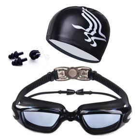 Swimming Accessories, HD Waterproof Anti Fog Swimming Goggles Swim Cap Set - UV Protection Anti Shatter Lenses