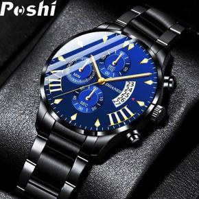 POSHI Casual Classic Black Stainless Steel Dual Calendar Waterproof Analog Watch For Men