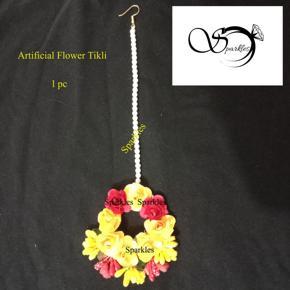 Artificial Flower Tikli Jewellery Yellow & Red- 1 pc