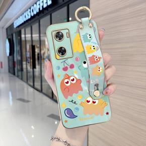 Hontinga for OPPO A57 2022 Back Cover With Wristband Luxury 6D Plating Cute Little Monsters Case Soft Silicone Square Phone Cases