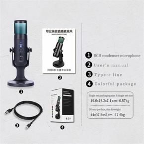 RGB Color Mc-pw9 Metal Condenser USB Microphones Gaming Live Chat Sing Streaming Mic for PC, Laptop, Computer, with Earphone Jack, Type-C to USB