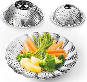 Adjustable Stainless Steel Steamer Foldable Pasta Pot 3 in 1 Steaming Plate Food Fruit Trays Vegetable Rack Drains Dish Cooking Tool Multifunctional- 1 Piece Silver Color