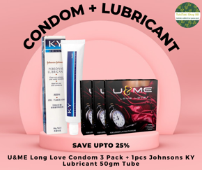 Condom & Lubricant Combo Pack - 3 Pack U&Me Long Love Condom + J&J's K Y Jelly Personal Lubricant 50g Tube