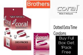 Coral - Dotted Extra Time Lubricated Natural Latex Condom - Full Box - 3x5=15pcs+3pcs